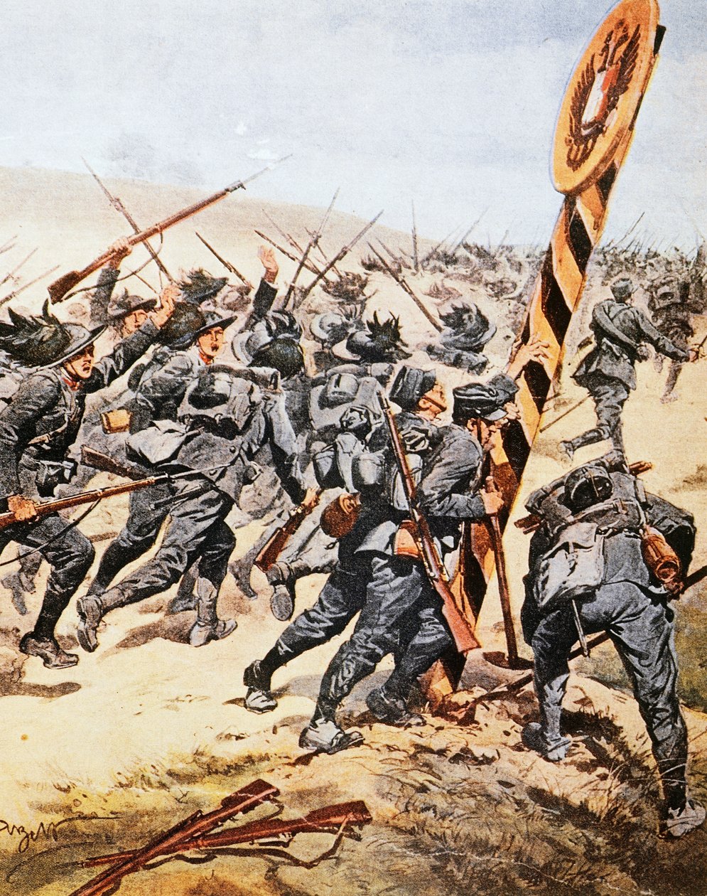 Italienske soldater som krysser den østerrikske grensen, av Achille Beltrame (1871-1945), illustrasjon fra La Domenica del Corriere, juni 1915 av Achille Beltrame