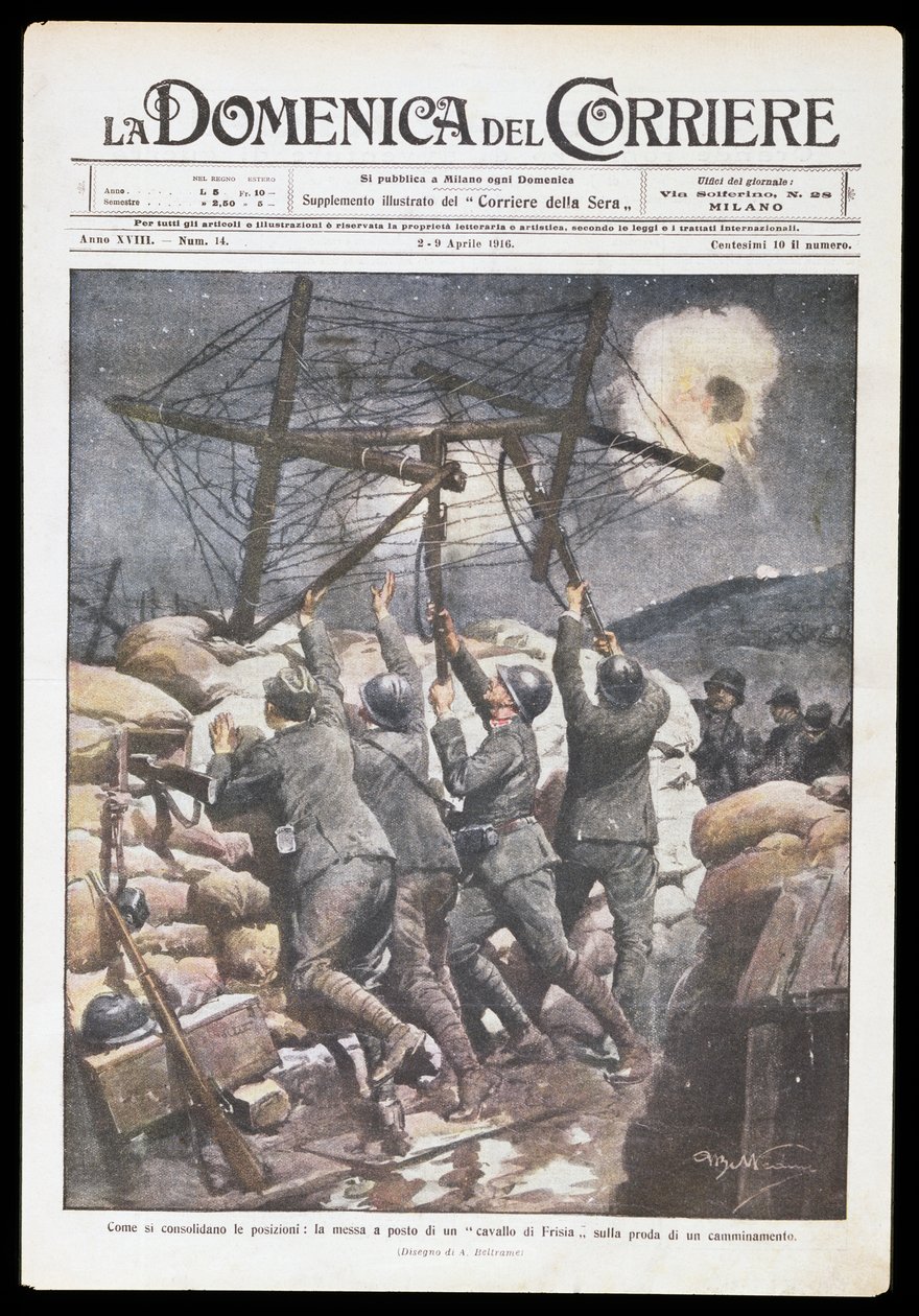 Italienske soldater setter frisisk hest på skyttergrav, tallerken av Achille Beltrame (1871-1945) for Domenica del Corriere, 2.-9. april 1916, første verdenskrig, Italia, 1900-tallet av Achille Beltrame