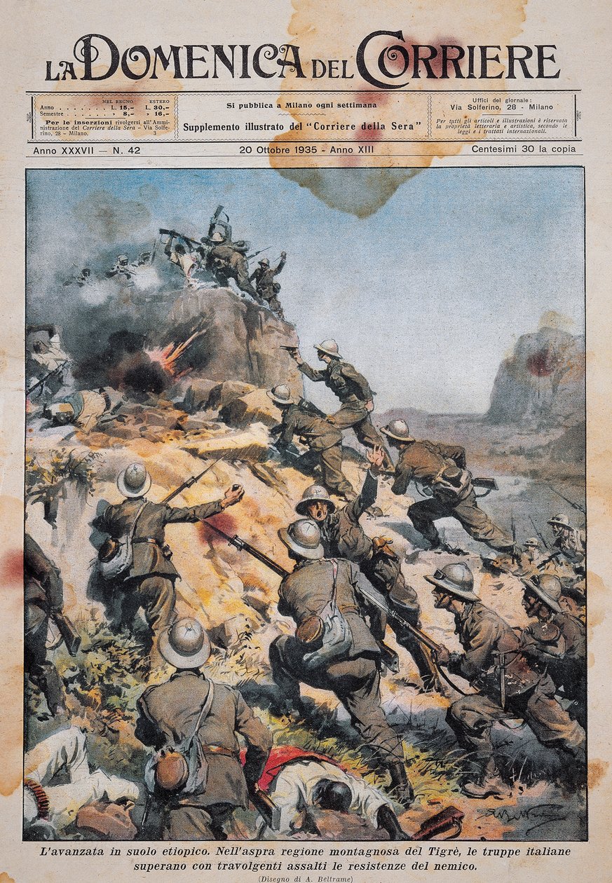 Italienske tropper rykker frem på etiopisk jord, illustrasjon fra La Domenica del Corriere, 20. oktober av Achille Beltrame