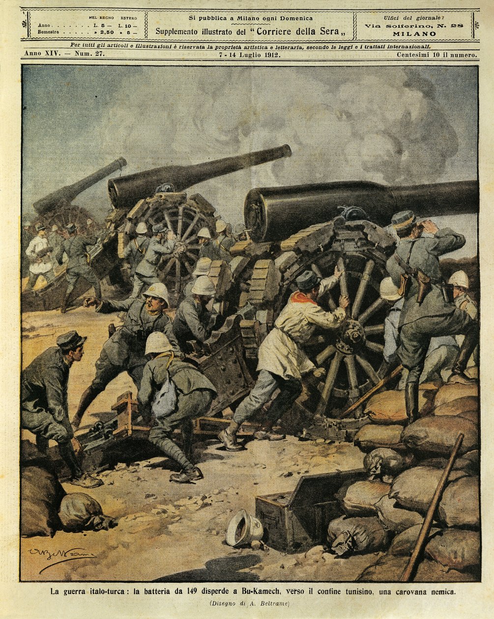 Italo-tyrkisk krig, batteriild fra kanon nr. 149 som dirigerer en fiendtlig karavane ved Bu-Kamek mot den tunisiske grensen, illustratør Achille Beltrame (1871-1945), fra La Domenica del Corriere, 7. juli 1912 av Achille Beltrame