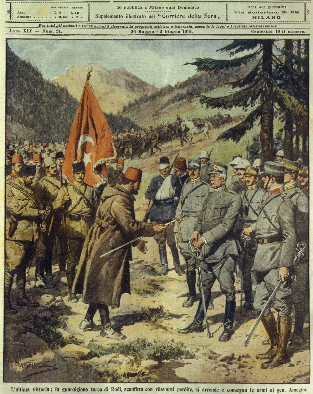 Italo-tyrkisk eller libysk krig (1911-1912), den tyrkiske hæren overgir seg og gir fra seg våpen til den italienske generalen Ameglio på Rhodos, 26. mai av Achille Beltrame