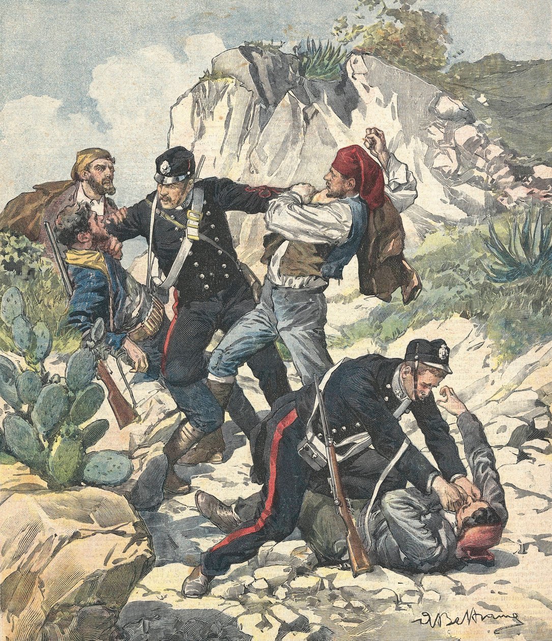 Italia (1902). Carabiniers arresterer en banditt og gjengen hans i Trapani. Illustrasjon av Achille Beltrame fra "" Domenica del Corriere"" (23. februar av Achille Beltrame