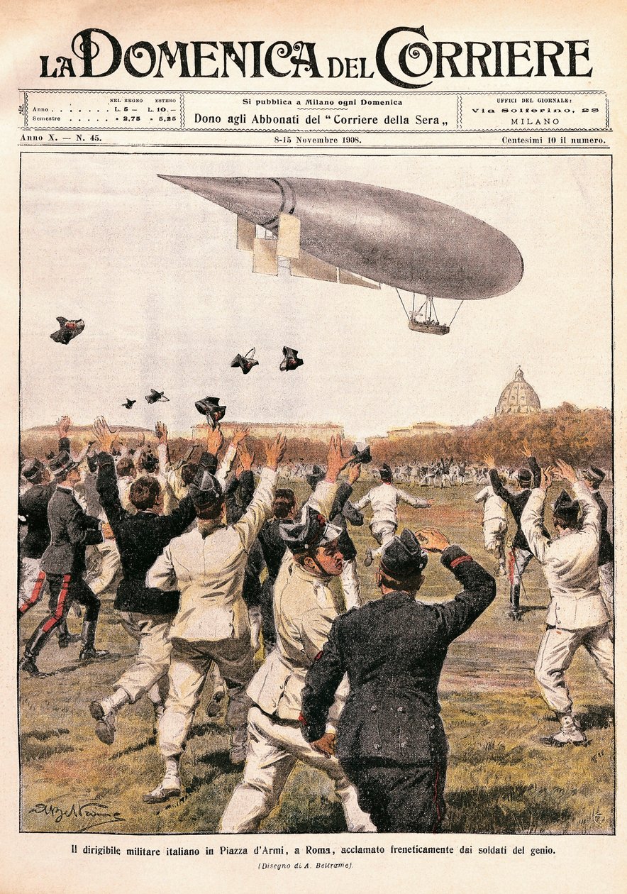 Italia, Milano, fly av luftskip pilotert av Crocco og Ricaldoni i Roma, 31. oktober av Achille Beltrame