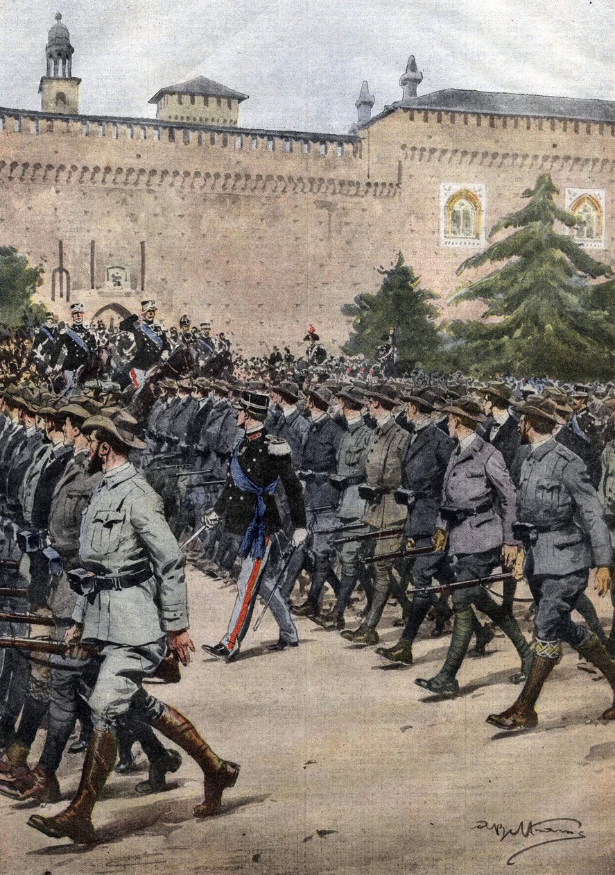 Italias nye militser: frivillige i sivile klær under en militærparade 11. november i Milano. ill. de Beltrame. La Domenica del Corriere. 11/1914. av Achille Beltrame