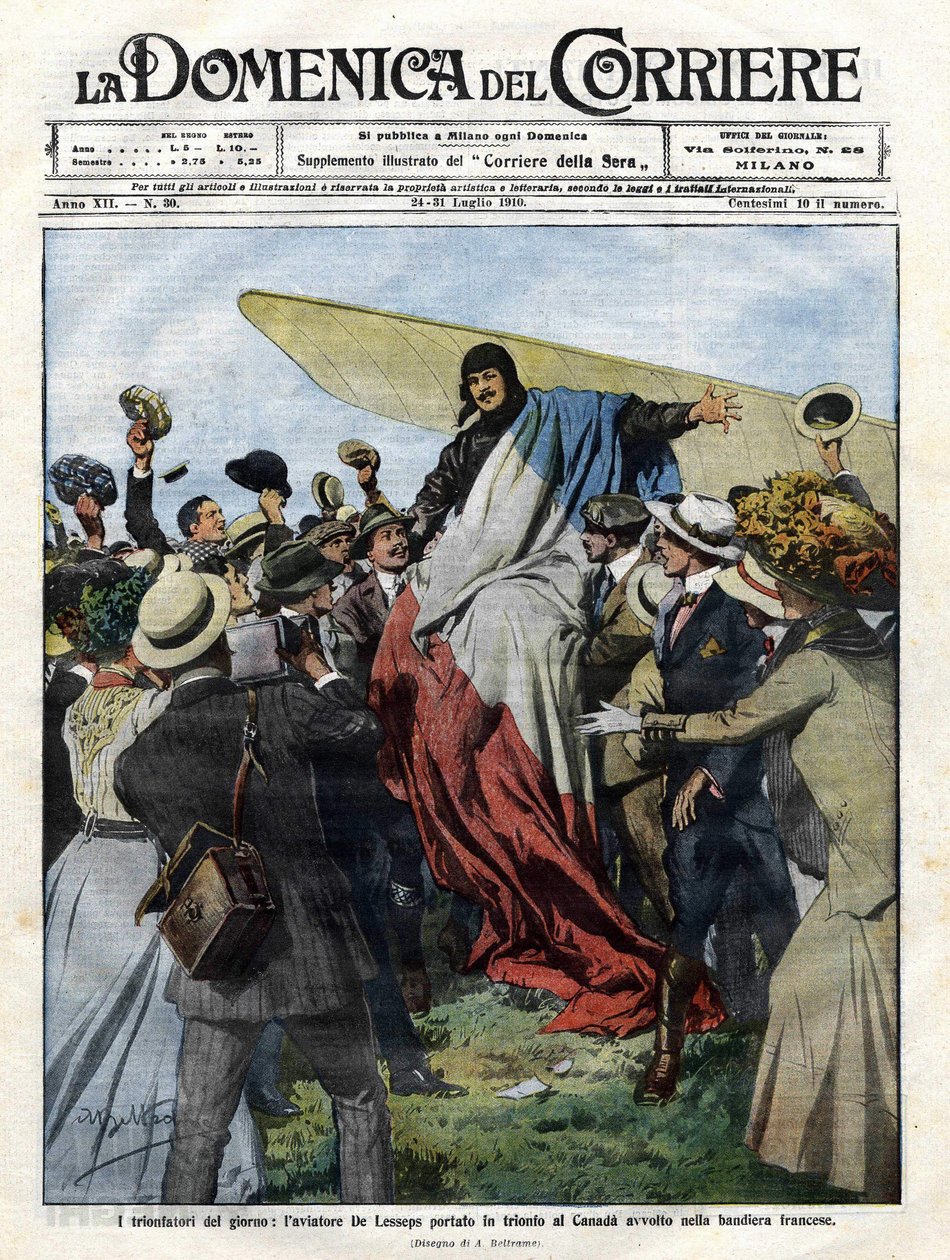 Jacques de Lesseps (1883-1927) upon his arrival in Canada in 1910. Illustration by Achille Beltrame for the “Domenica del Corriere” of July 24 av Achille Beltrame