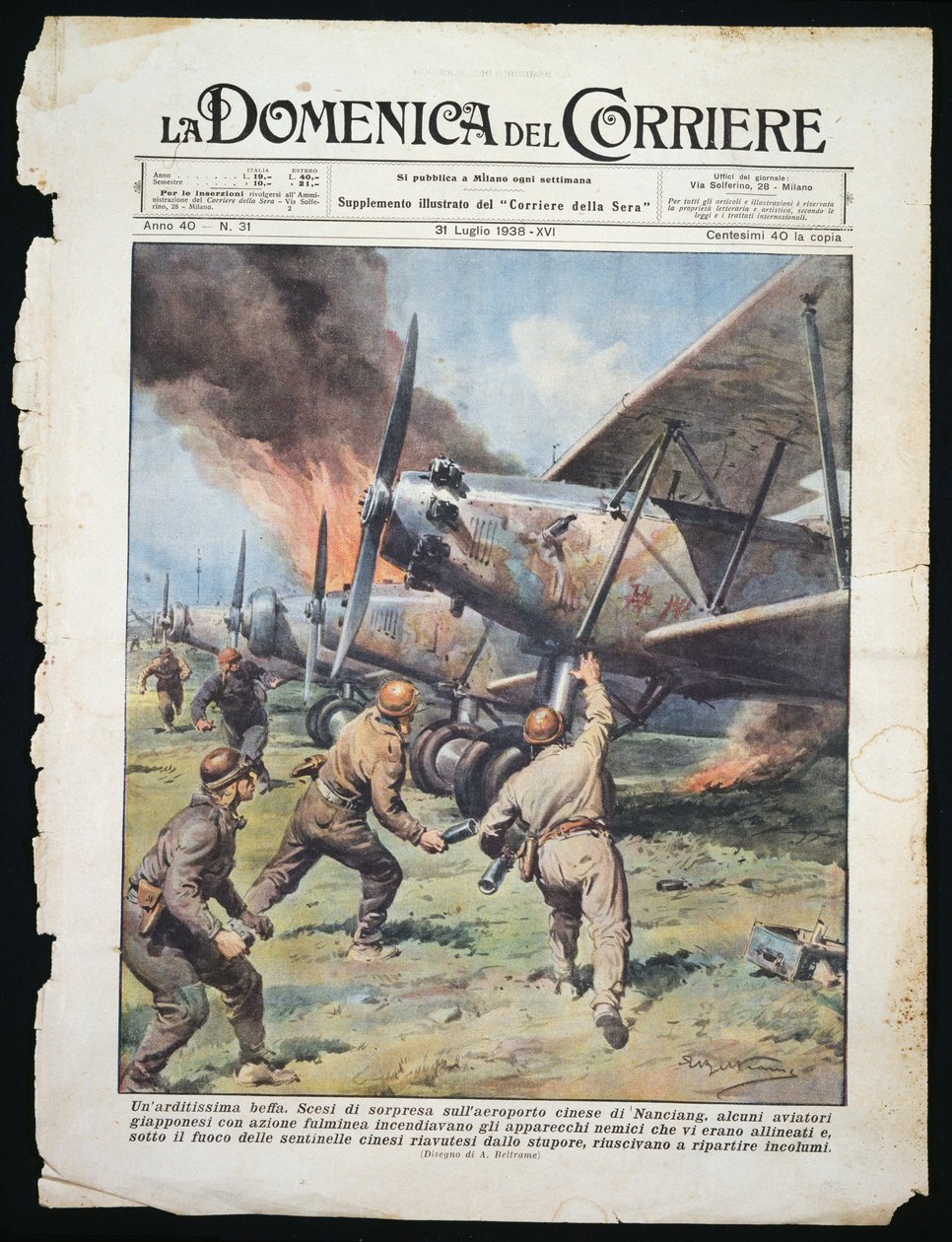 Japansk kommandoangrep på den kinesiske flyplassen Nanchang, plate av Achille Beltrame (1871-1945) fra avisen La Domenica del Corriere, 31. juli av Achille Beltrame