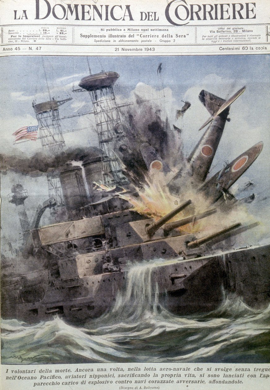 Japanske selvmordsbombere eksploderer på fiendtlige skip - i «La Domenica del Corriere», 21. november 1943 (litografi) av Achille Beltrame