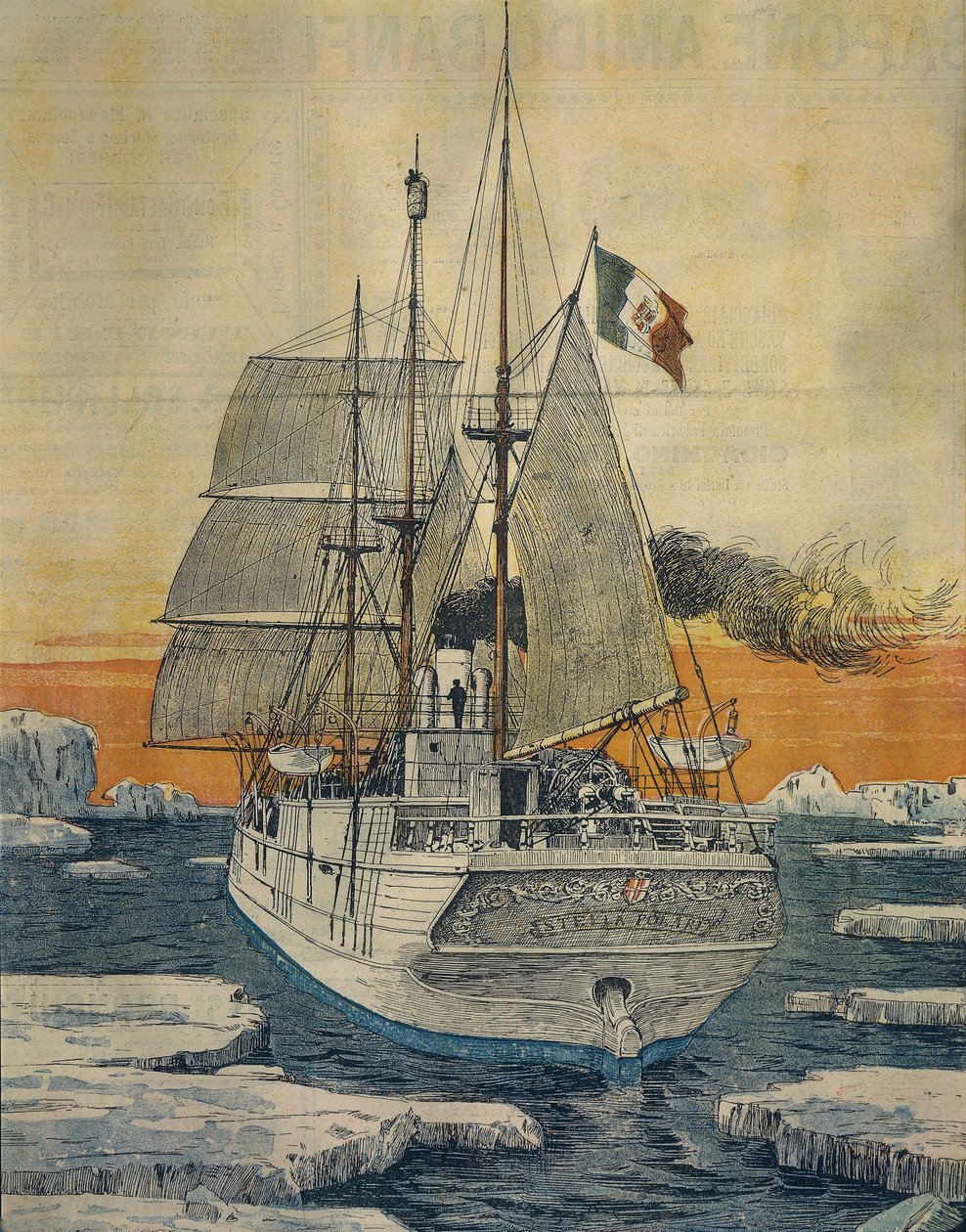 Reise til Nordpolen: Polarstjerneskipet som fraktet prins Luigi Amedeo av Savoy-Aosta, hertugen av Abruzzi, til Teplitzbukta på Rudolf-øya, av Achille Beltrame (1871-1945), fra La Domenica del Corriere av Achille Beltrame