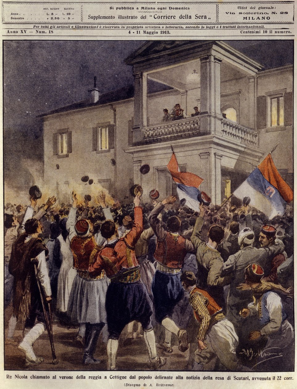 Kong Nicholas I av Montenegro foran en folkemengde i Cettigne etter overgivelsen av byen Shkoder, 4. mai av Achille Beltrame