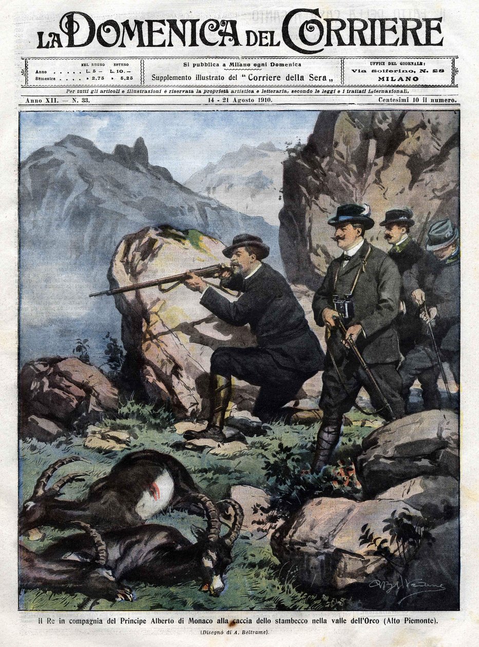 Prins Albert I av Monaco jakter steinbukken. Kong Victor Emmanuel III av Italia jakter steinbukken. cover av The Domenica del Corriere av 14. august av Achille Beltrame