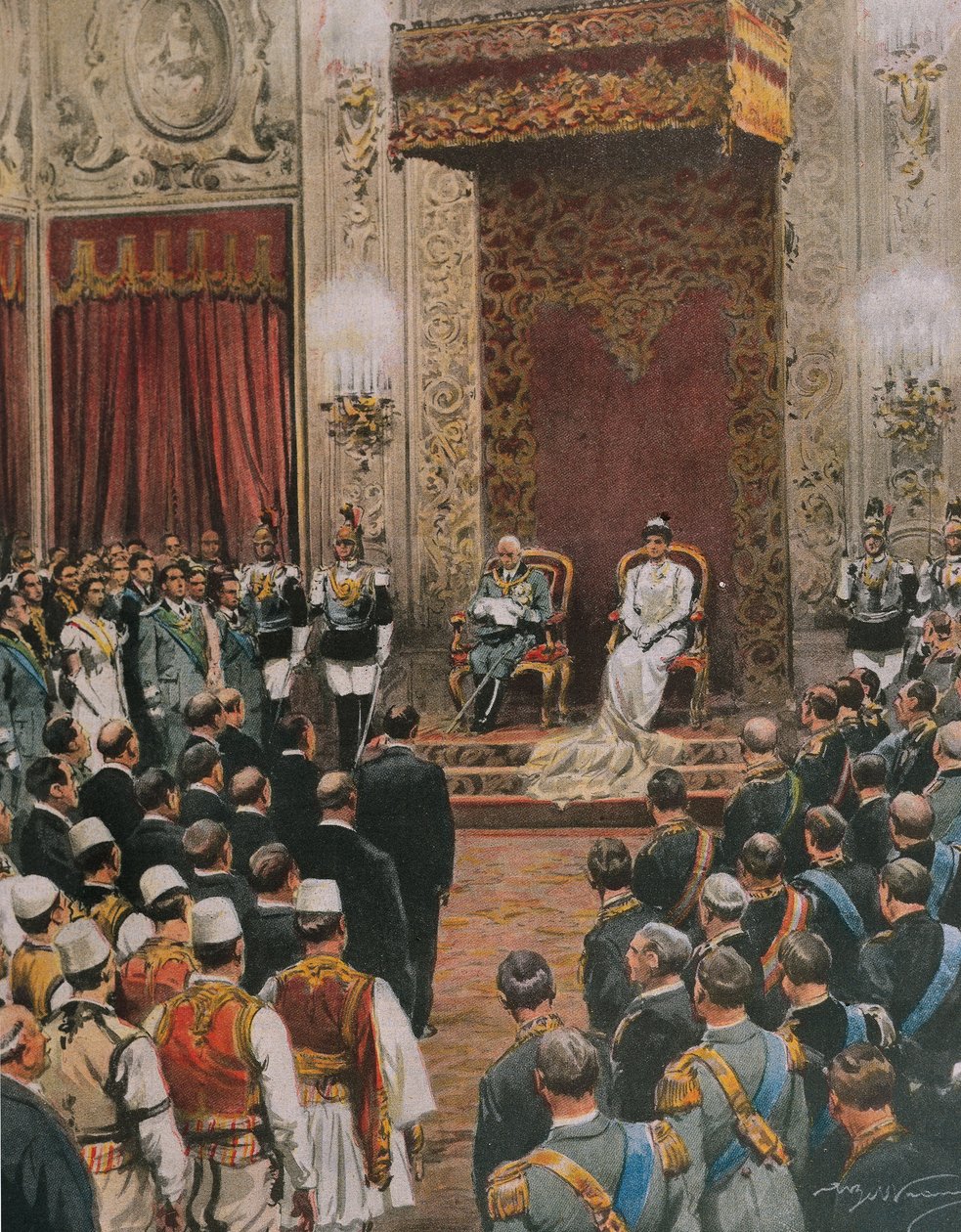 Konge av Italia, Vittorio Emanuele III av Savoy, blir kronet til konge av albanere, av Achille Beltrame, illustrasjon, illustratør Achille Beltrame (1871-1945), fra La Domenica del Corriere av Achille Beltrame