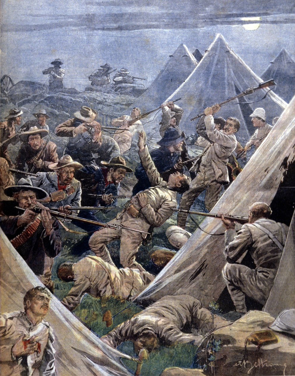 Boerekrigen eller Transvaal-krigen i Sør-Afrika mellom engelskmennene og boerne: sistnevnte angrep en engelsk leir ved Tweenfontein. Illustrasjon av Beltrame. Domenica del corriere. 1902. av Achille Beltrame