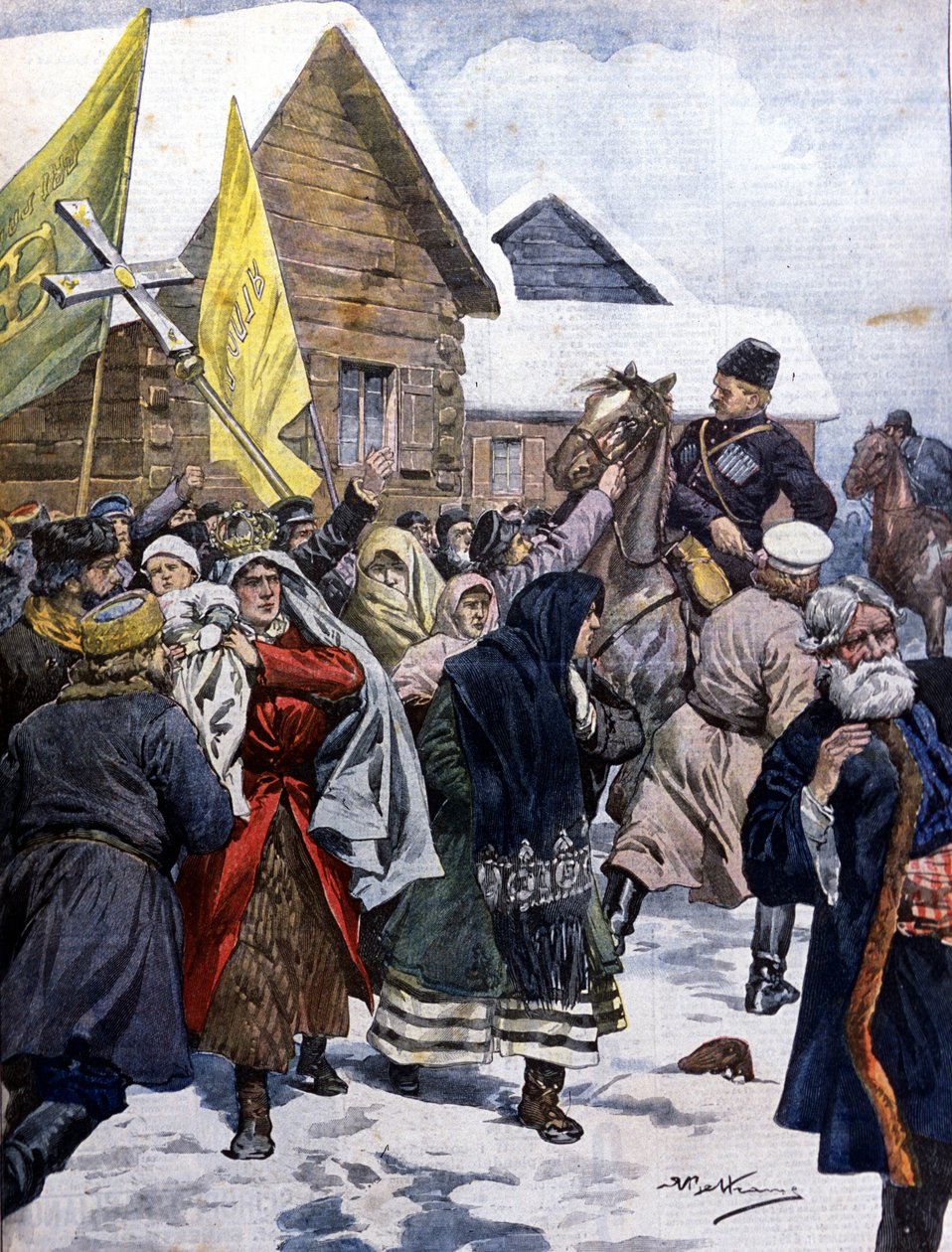 Overtro i Russland: politiet prøver å spre sekten av nye kristne. Illustrasjon av Beltrame. Domenica del corriere. 1901. av Achille Beltrame