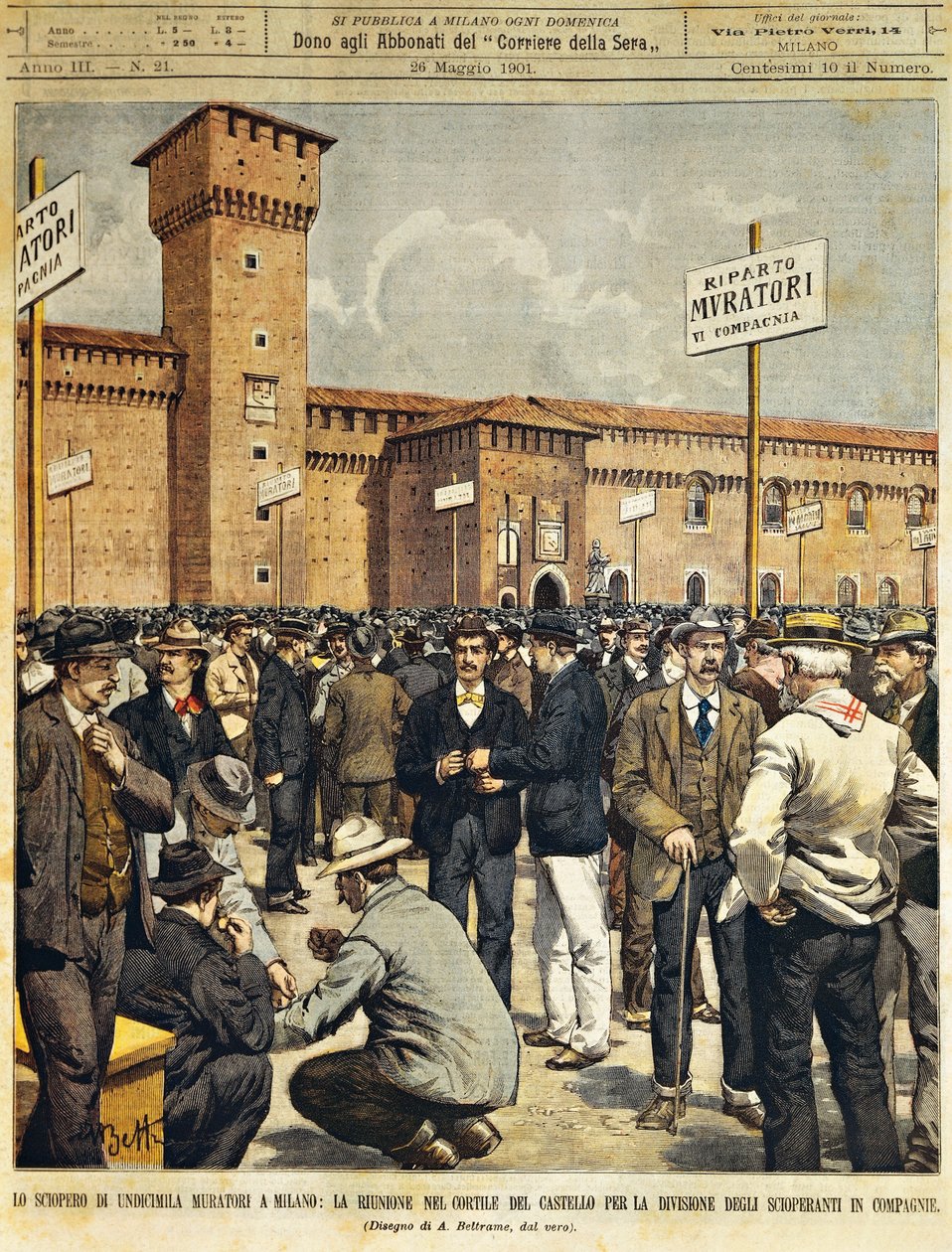 Storskala byggestreik i Milano: Folkemøte i den store gårdsplassen til Sforzesco-slottet, av Achille Beltrame (1871-1945), fra La Domenica del Corriere, 26. mai 1901 av Achille Beltrame