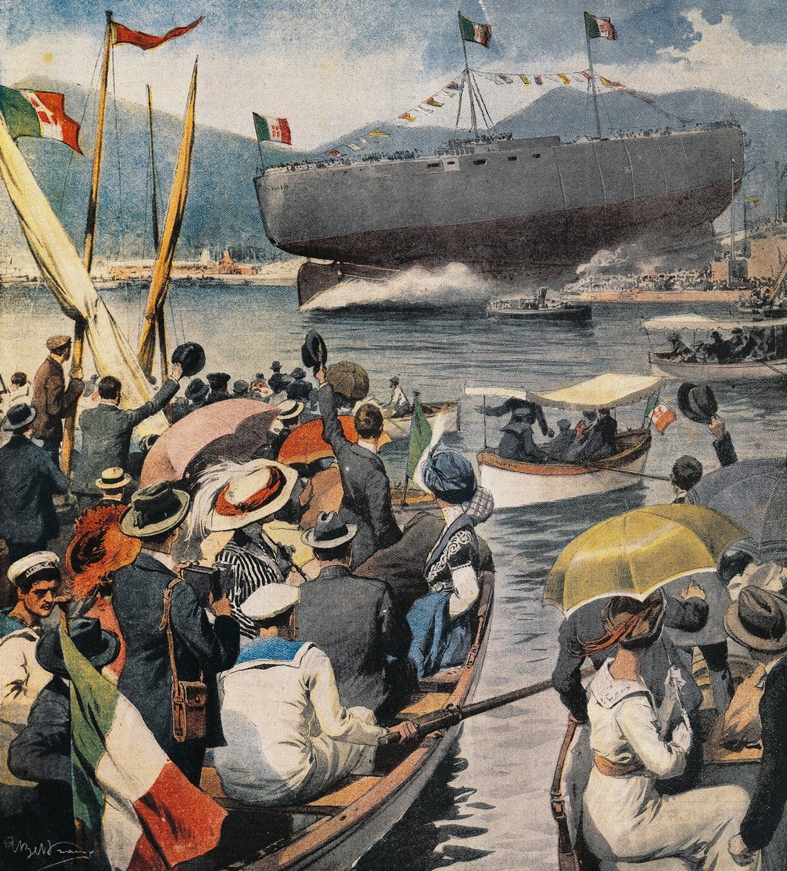 Lansering av slagskipet Andrea Doria fra Arsenale i La Spezia, panel av Achille Beltrame (1871-1945), La Domenica del Corriere, 6. april av Achille Beltrame