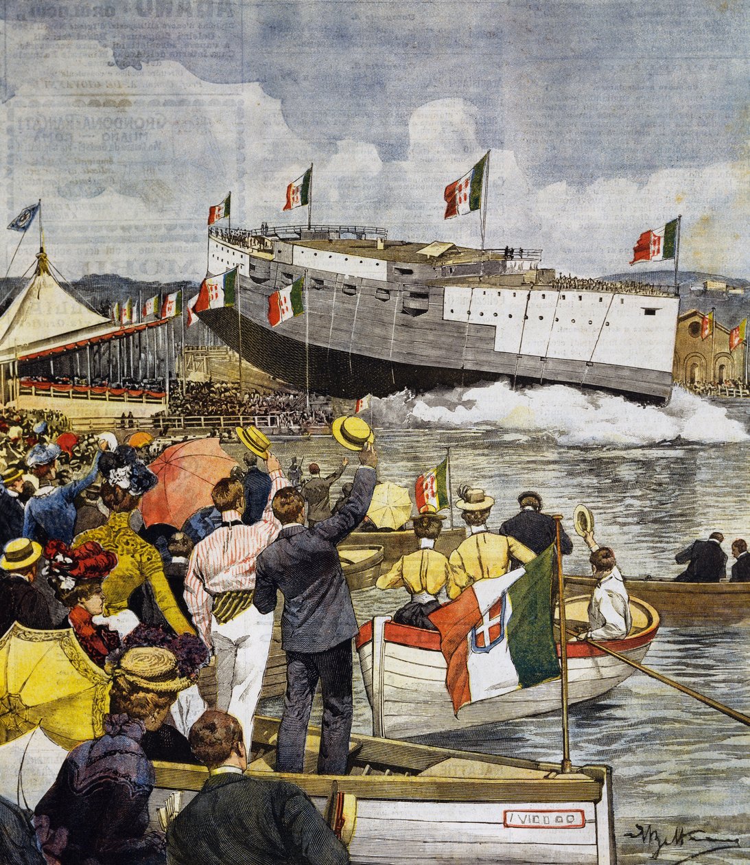 Lansering av slagskipet Regina Margherita i La Spezia, panel av Achille Beltrame (1871-1945), La Domenica del Corriere, 9. juni av Achille Beltrame