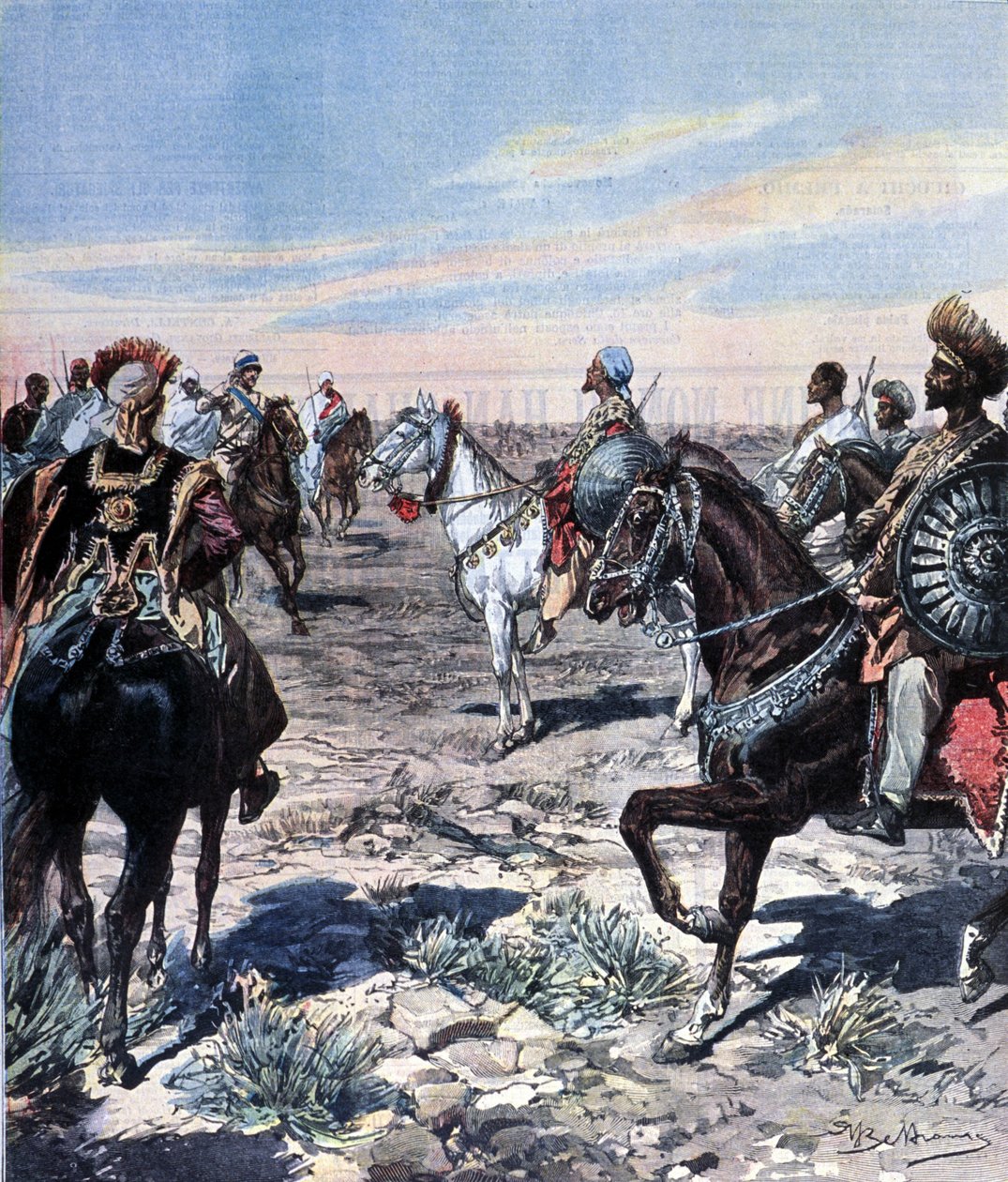 Kaptein Mozzetti på leiren til Ras Makonnen (Mekonnen Welde Mikael) (Abba Qagnew) (1852-1906) i Etiopia. Illustrasjon av Beltrame. Domenica del corriere. 1899. av Achille Beltrame