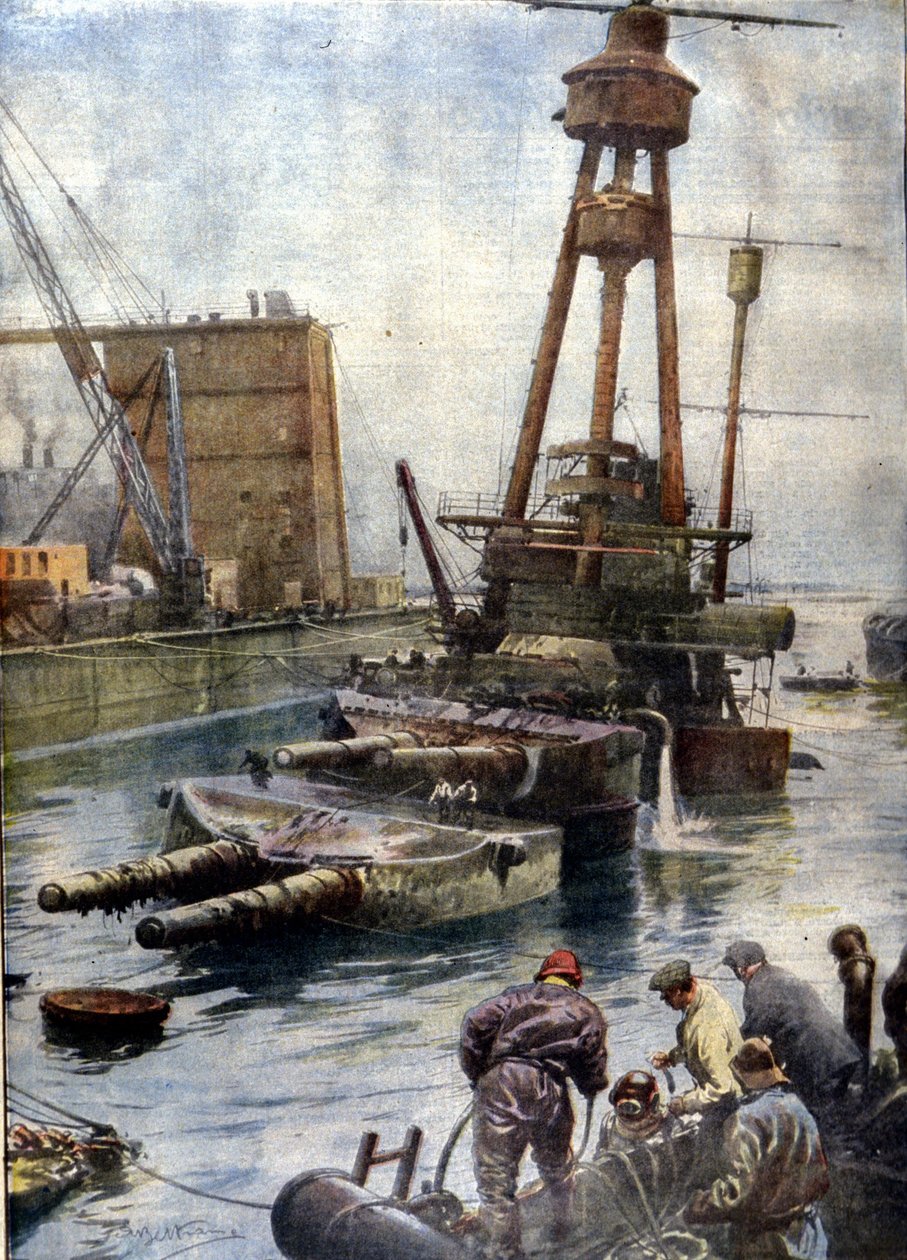 Det tyske slagskipet Hindenburg, senket ved Scapa Flow i Skottland, kom tilbake til overflaten takket være den engelske flåten etter 7 år tilbrakt på bunnen av havene. Illustrasjon av Beltrame. The Domenica of the corriere av Achille Beltrame