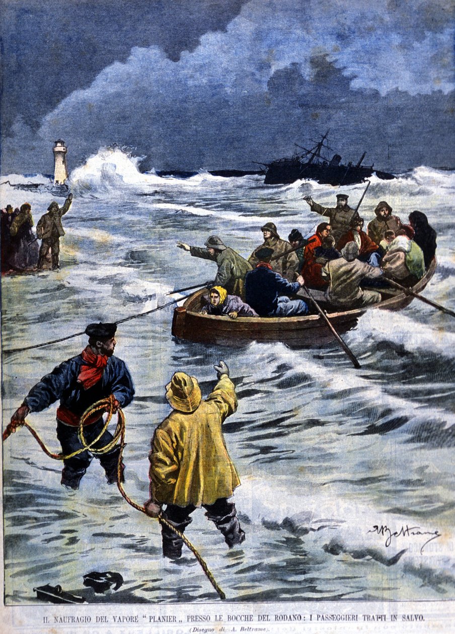 Senkingen av dampbåten Planier nær Bouches du Rhône: redningsmennene bringer tilbake passasjerene. Illustrasjon av Beltrame. Domenica del corriere. 1901. av Achille Beltrame