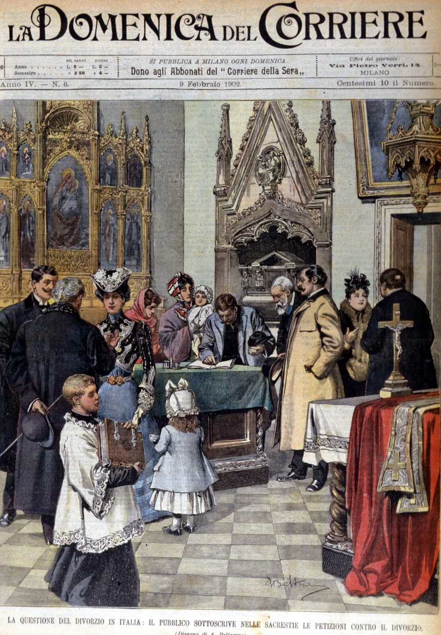 Problemet med skilsmisse i Italia: befolkningen signerer begjæringer mot skilsmisse i sakristiene. Illustrasjon av Beltrame. Domenica del corriere. 09.02.1902 av Achille Beltrame