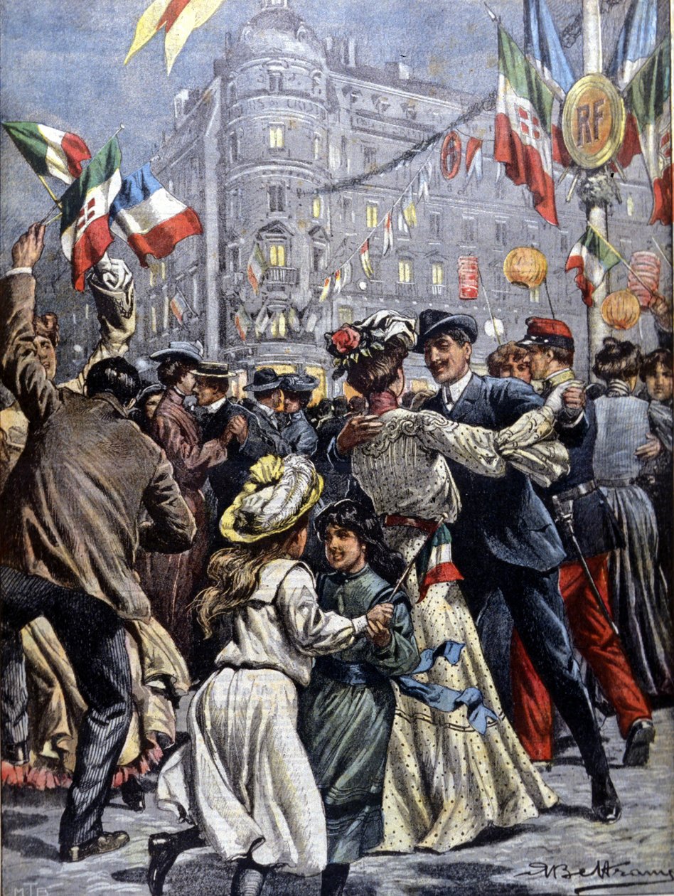 Italias suverene i Paris: populære baller i gatene. Illustrasjon av Beltrame. Domenica del corriere. 1903. av Achille Beltrame
