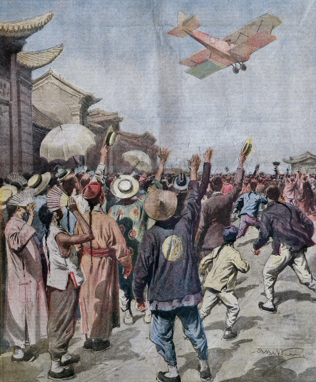 Løytnant Arturo Ferrarin, deltaker i Roma-Tokyo raid, ankommer og vises over himmelen i Shanghai, illustrasjon av Achille Beltrame fra La Domenica del Corriere, 16. mai av Achille Beltrame