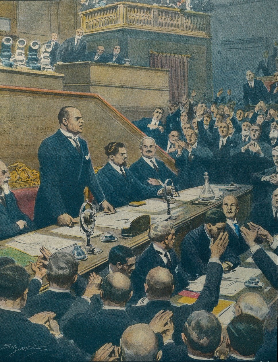 MUSSOLINI, Benito (1883-1945). Italiensk fascistisk politiker, Italias hertug (leder) (1925-1943). Mussolini kunngjorde alliansen oppnådd mellom de fire vestmaktene til senatet. Achille Beltrame (1871-1945) fra La Domenica del Corriere, 7. juni av Achille Beltrame