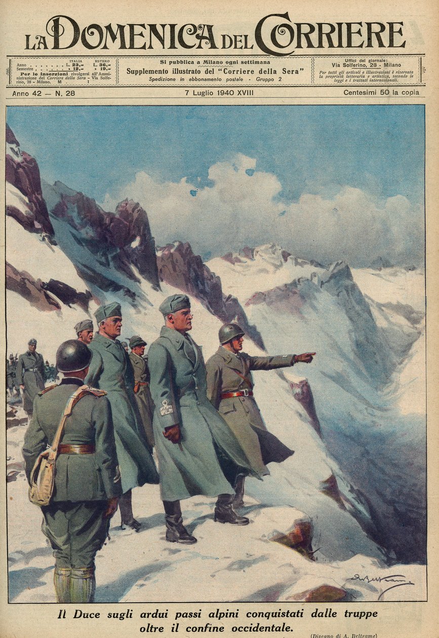 MUSSOLINI I ALPENE - Benito MUSSOLINI kartlegger de robuste Alpepassene som troppene hans tappert har erobret juli 1940 - Domenica del Corriere 1940 - Achille Beltrame av Achille Beltrame