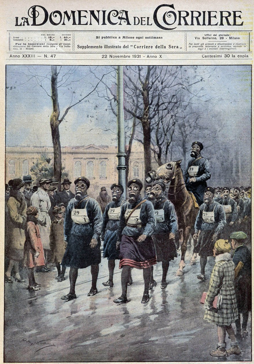 March organised in Warsaw to exercise the population in the use of gas masks - drawing by A. Beltrame, in “” la Domenica del Corriere”” of 22/11/1931 av Achille Beltrame