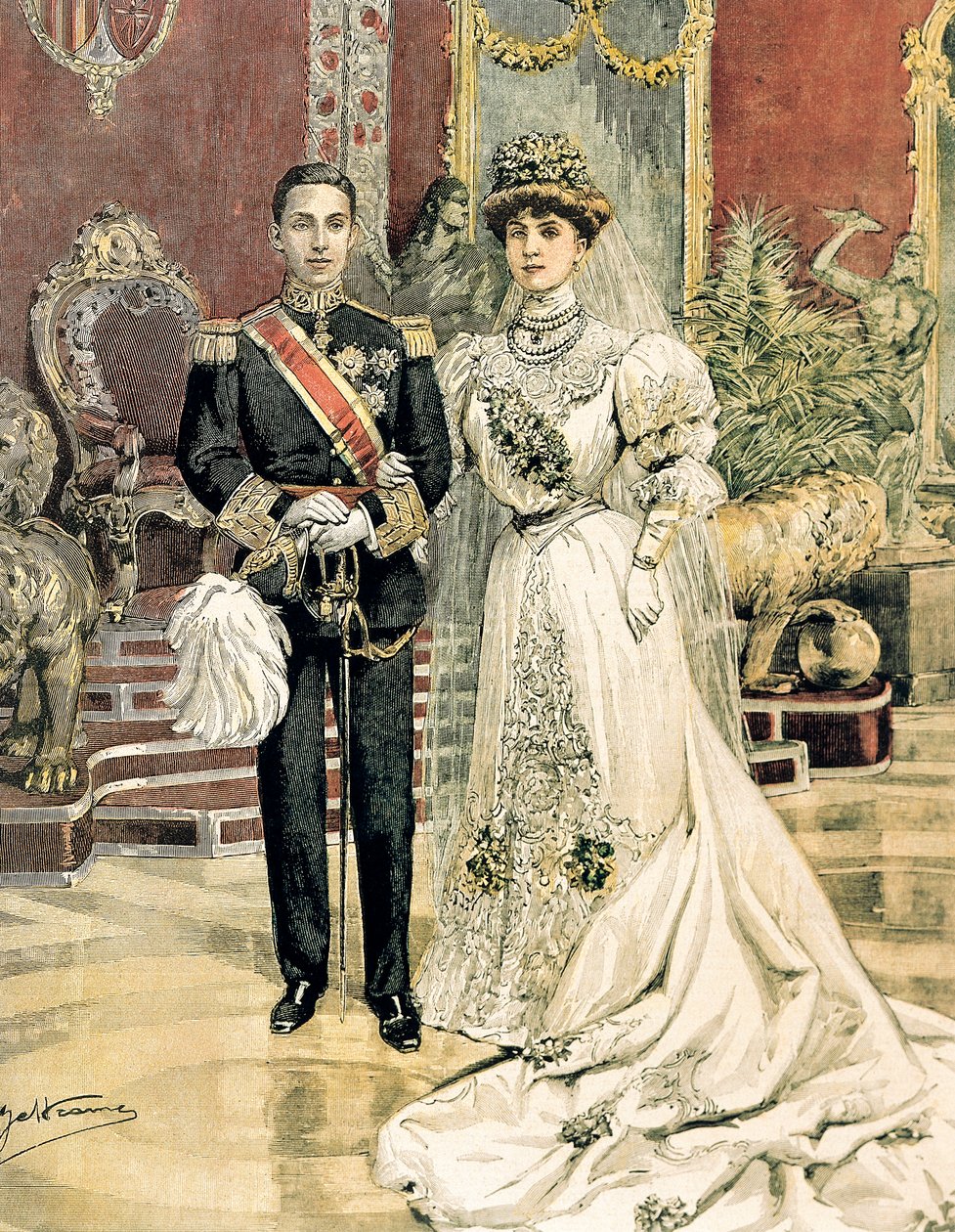 Ekteskap med kong Alfonso XIII av Spania og prinsesse Ena av Battenberg, Achille Beltrame (1871-1945) fra La Domenica del Corriere, 3. juni av Achille Beltrame