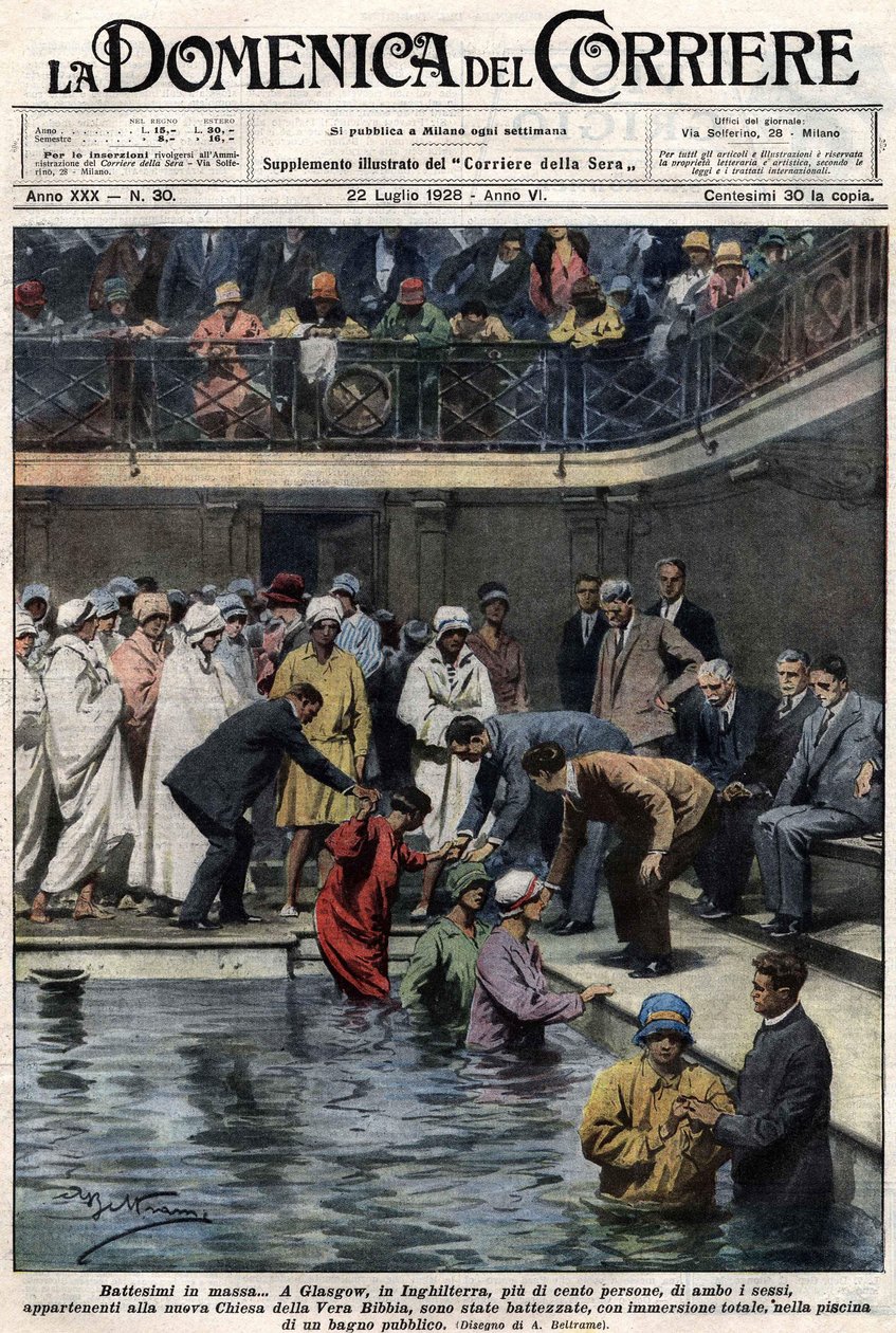 Massedåp: I Glasgow, Skottland, ble mer enn hundre mennesker, medlemmer av den nye True Bible Church, døpt i det kommunale bassenget. Illustrasjon av Beltrame. La Domenica del Corriere. 22.07.1928. av Achille Beltrame