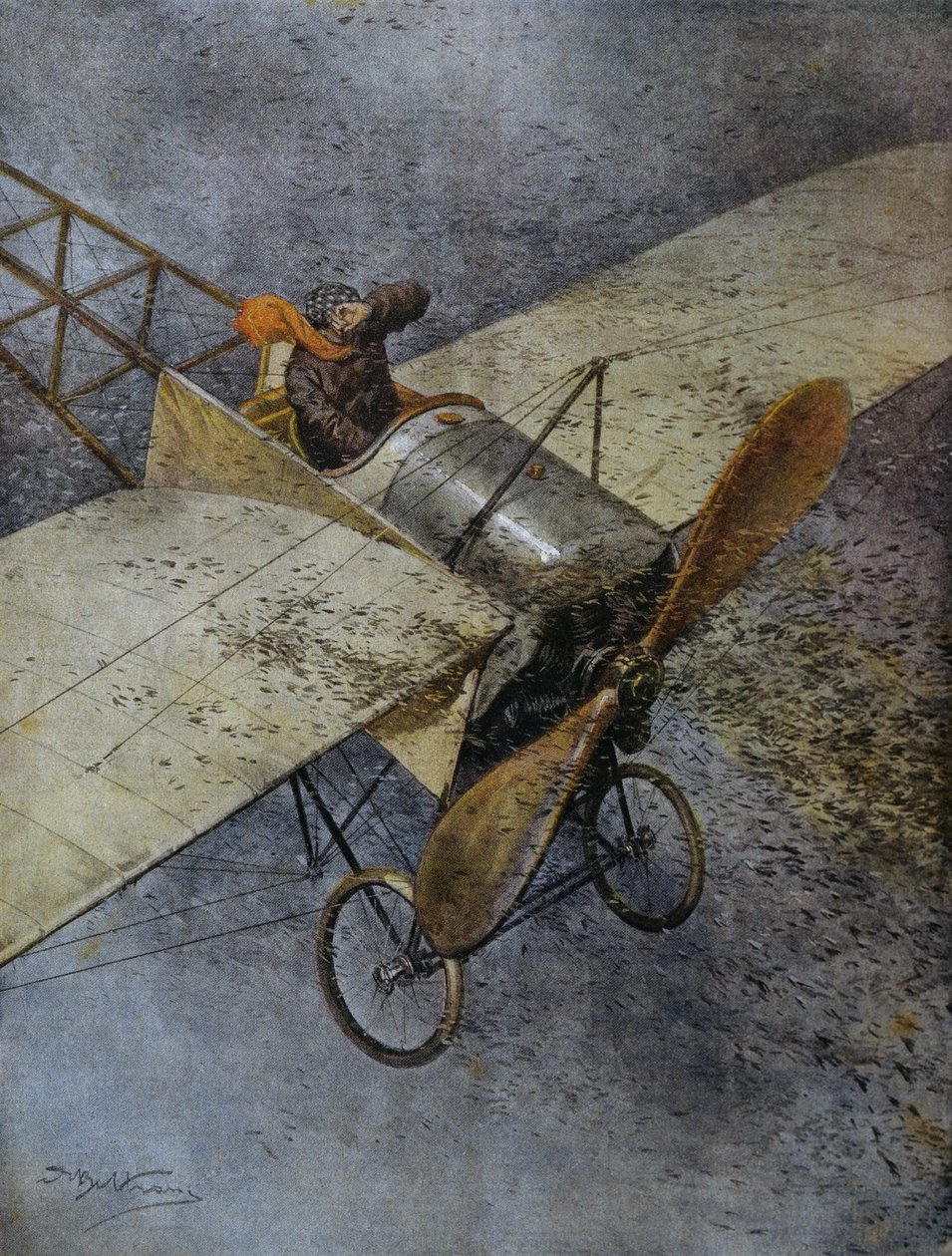 Mauvaises fly styrtet etter å ha blitt truffet av svermer av gresshopper, nær Madrid, Spania, illustrasjon av Achille Beltrame fra La Domenica del Corriere, 3. juni av Achille Beltrame