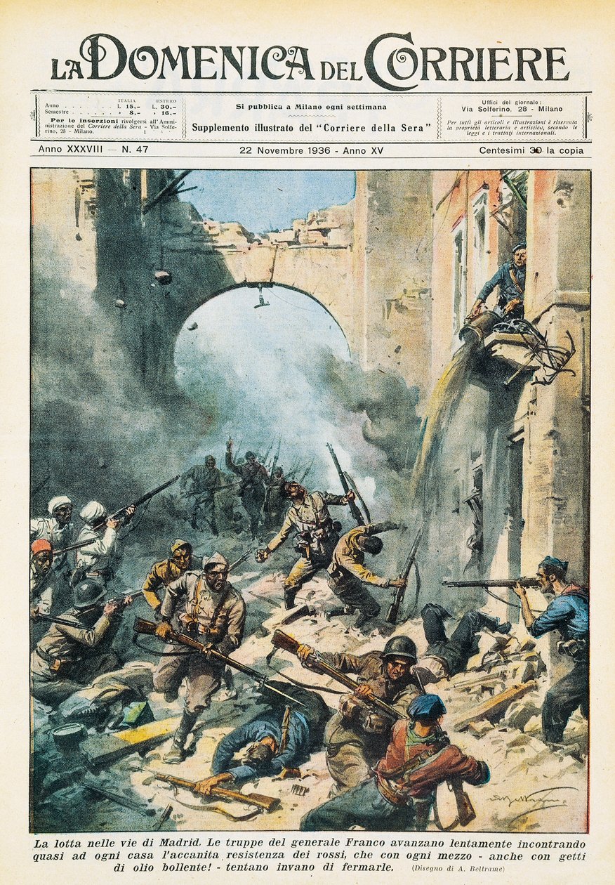 Nærkamp i gatene i Madrid under den spanske borgerkrigen, Achille Beltrame (1871-1945), fra La Domenica del Corriere, 22. november av Achille Beltrame