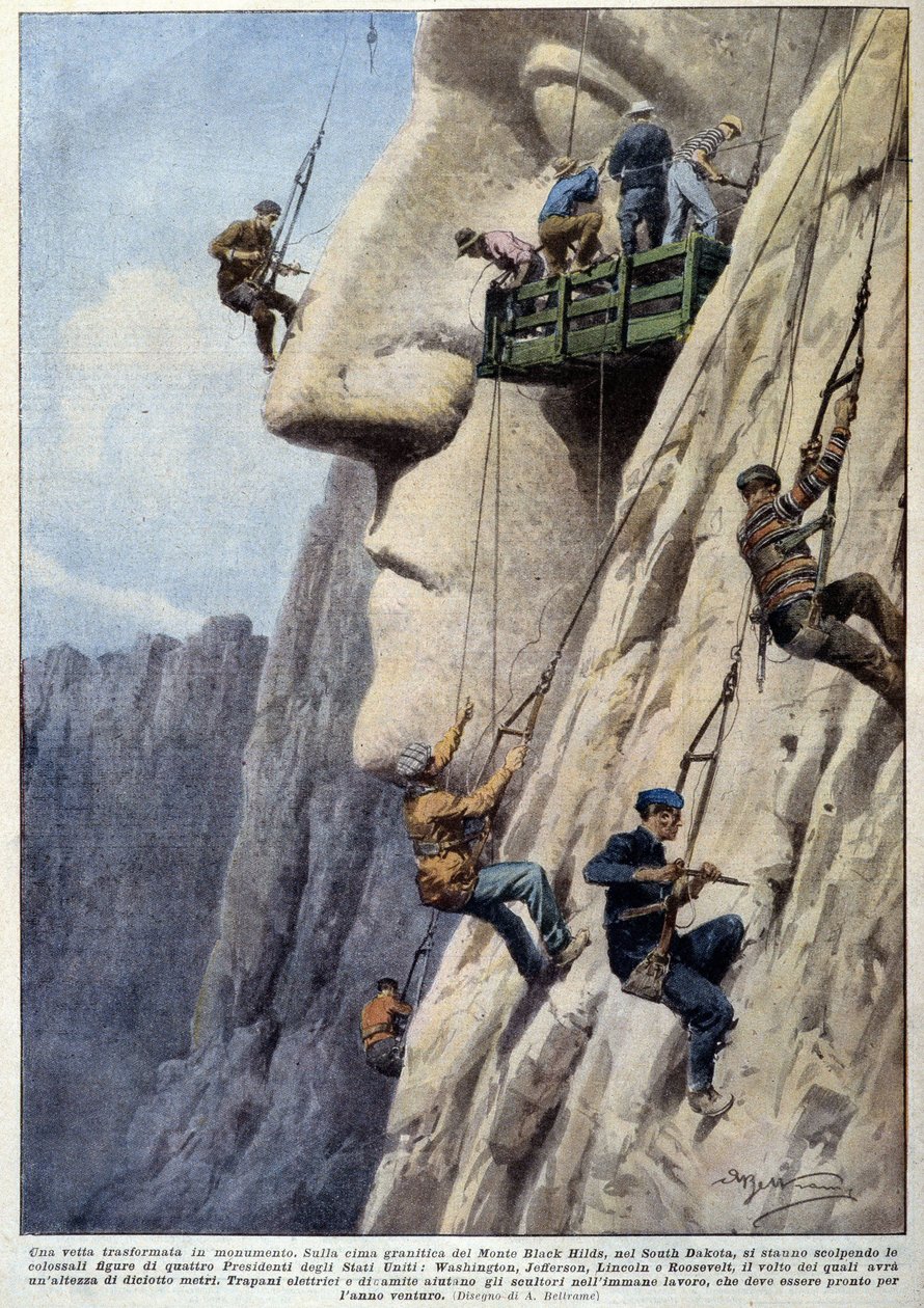 Menn som klatrer en granittklippe og skulptører på jobb, for byggingen av monumentet til amerikanske presidenter på Mount Black Hilds - tegning av A. Beltrame, i «La Domenica del Corriere»» av Achille Beltrame