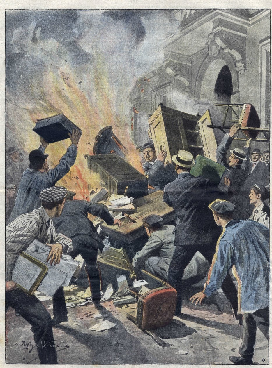 Midi-vinkrise i 1907: vinprodusenter satte fyr på rådhuset i Beziers (Herault). Illustrasjon av Achille Beltrame fra 1907. av Achille Beltrame