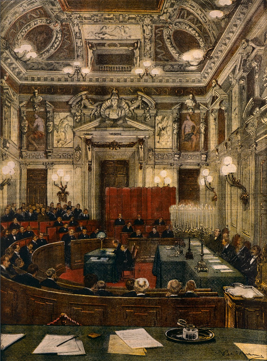 Milans nye bystyre i møte, av Achille Beltrame (1871-1945), fra La Domenica del Corriere av Achille Beltrame