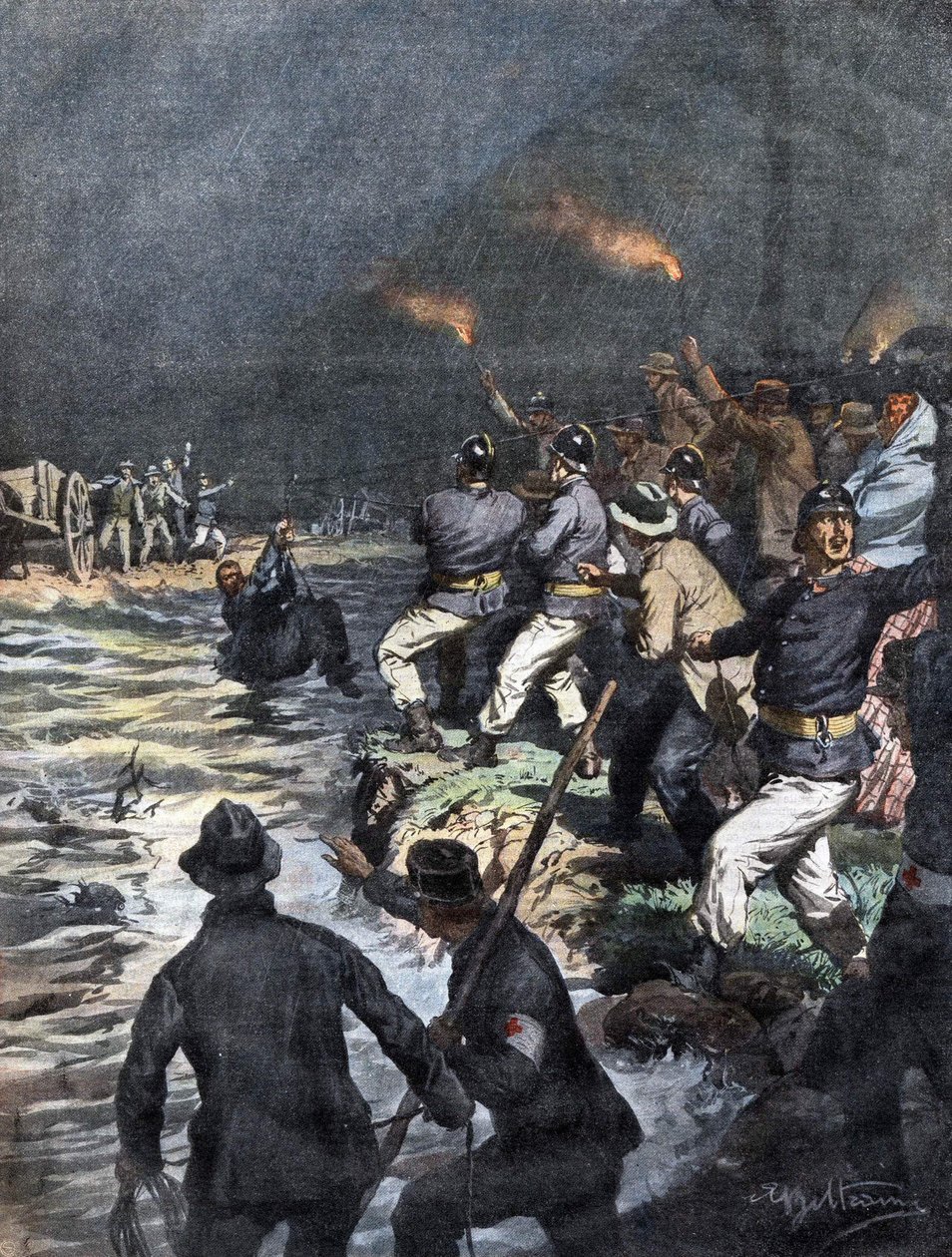 Mirakuløs redning av vognkjørere blokkert på en øy ved elven Serio nær Bergamo - Illustrasjon av Beltrame i "La Domenica del Corriere"" 10/1909 av Achille Beltrame