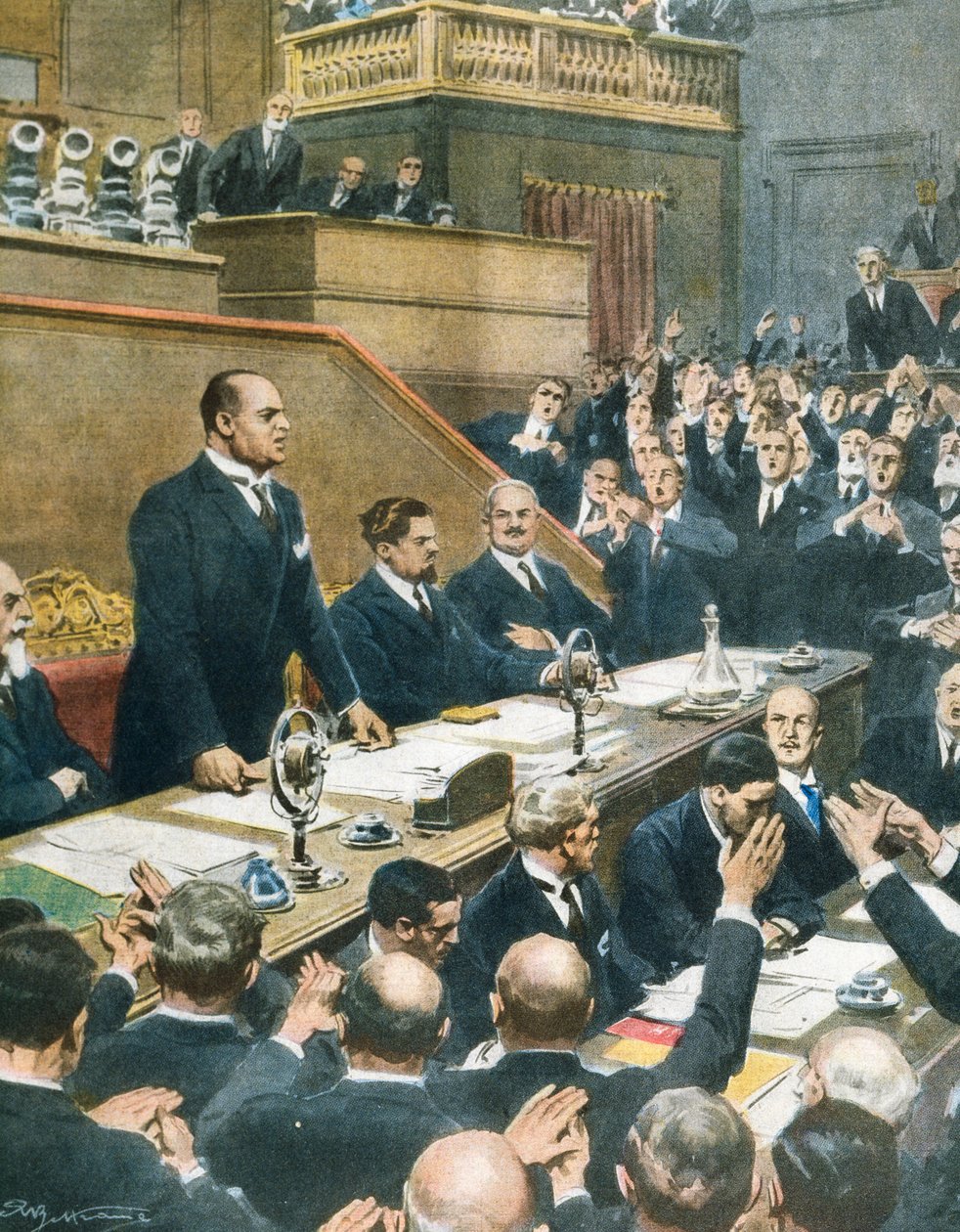 Mussolini kunngjorde allianse oppnådd mellom fire vestlige makter til Senatet, Achille Beltrame (1871-1945) fra La Domenica del Corriere, 7. juni av Achille Beltrame