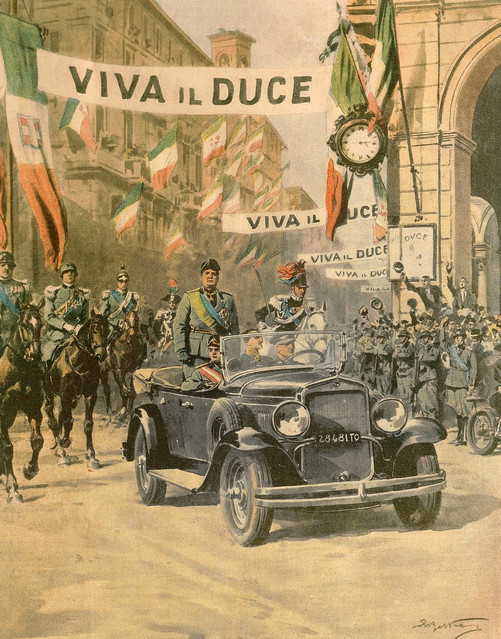 Mussolinis triumferende ankomst til Torino, av Achille Beltrame (1871-1945) fra utgaven av La Domenica del Corriere, oktober 1932 av Achille Beltrame