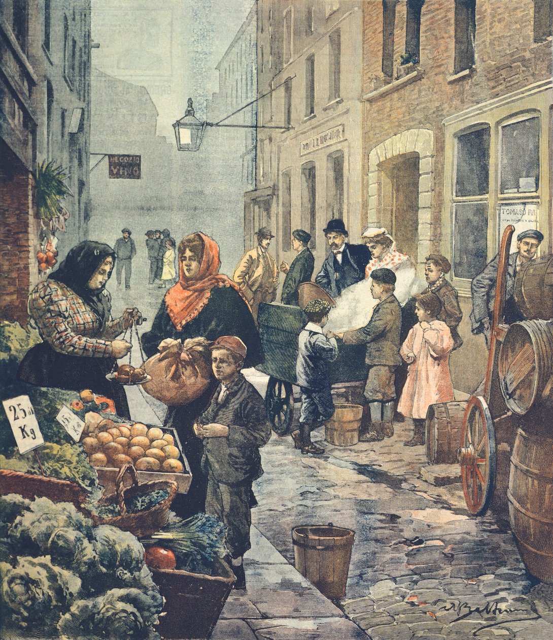 En av de mest karakteristiske gatene i det italienske kvarteret, Soffron Hill, London, av Achille Beltrame (1871-1945) fra La Domenica del Corriere av Achille Beltrame