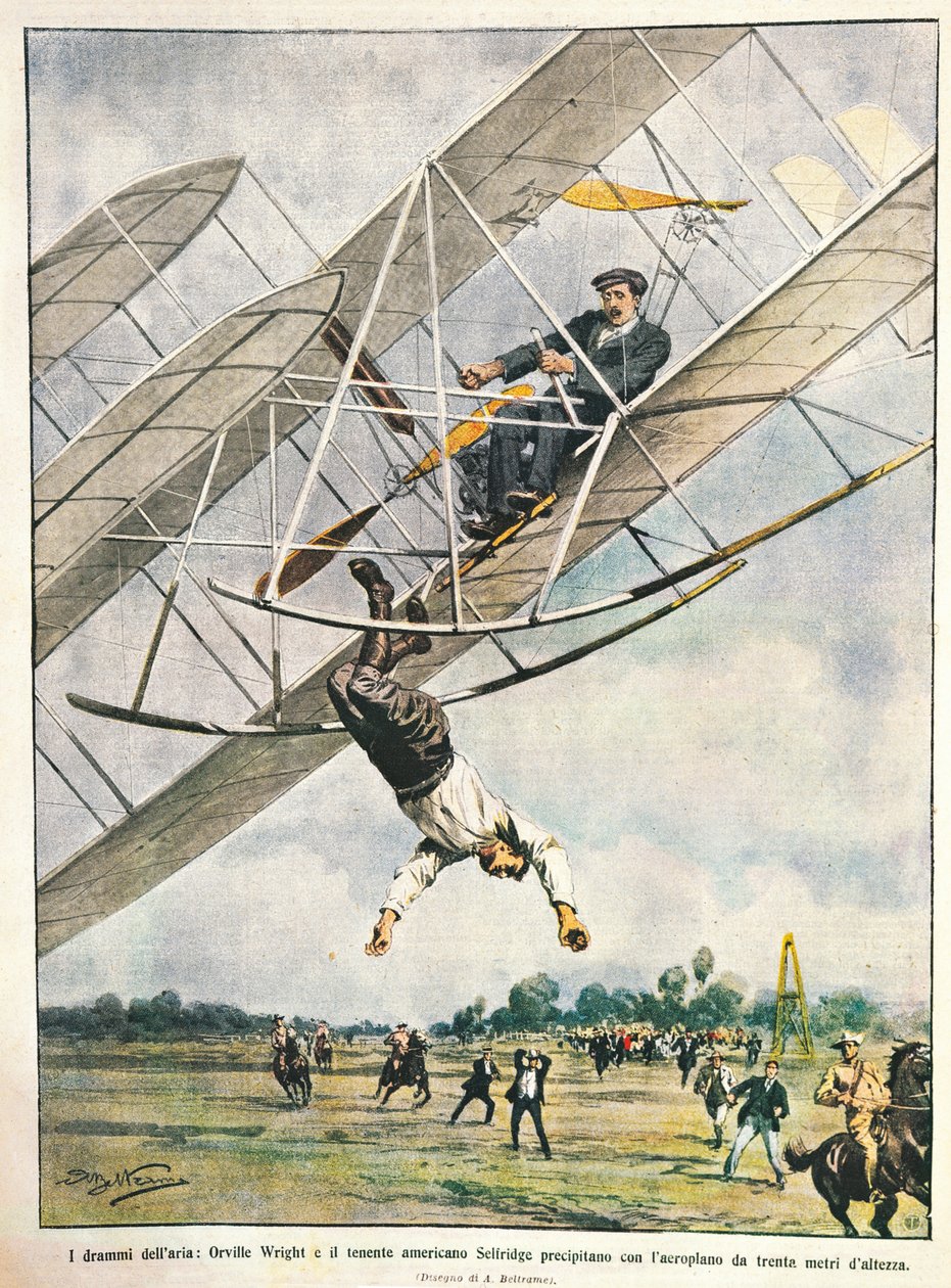 Orville Wright og løytnant Seliridge stuper med biplan fra tretti meter, USA, illustrasjon av Achille Beltrame fra La Domenica del Corriere, 11. oktober av Achille Beltrame