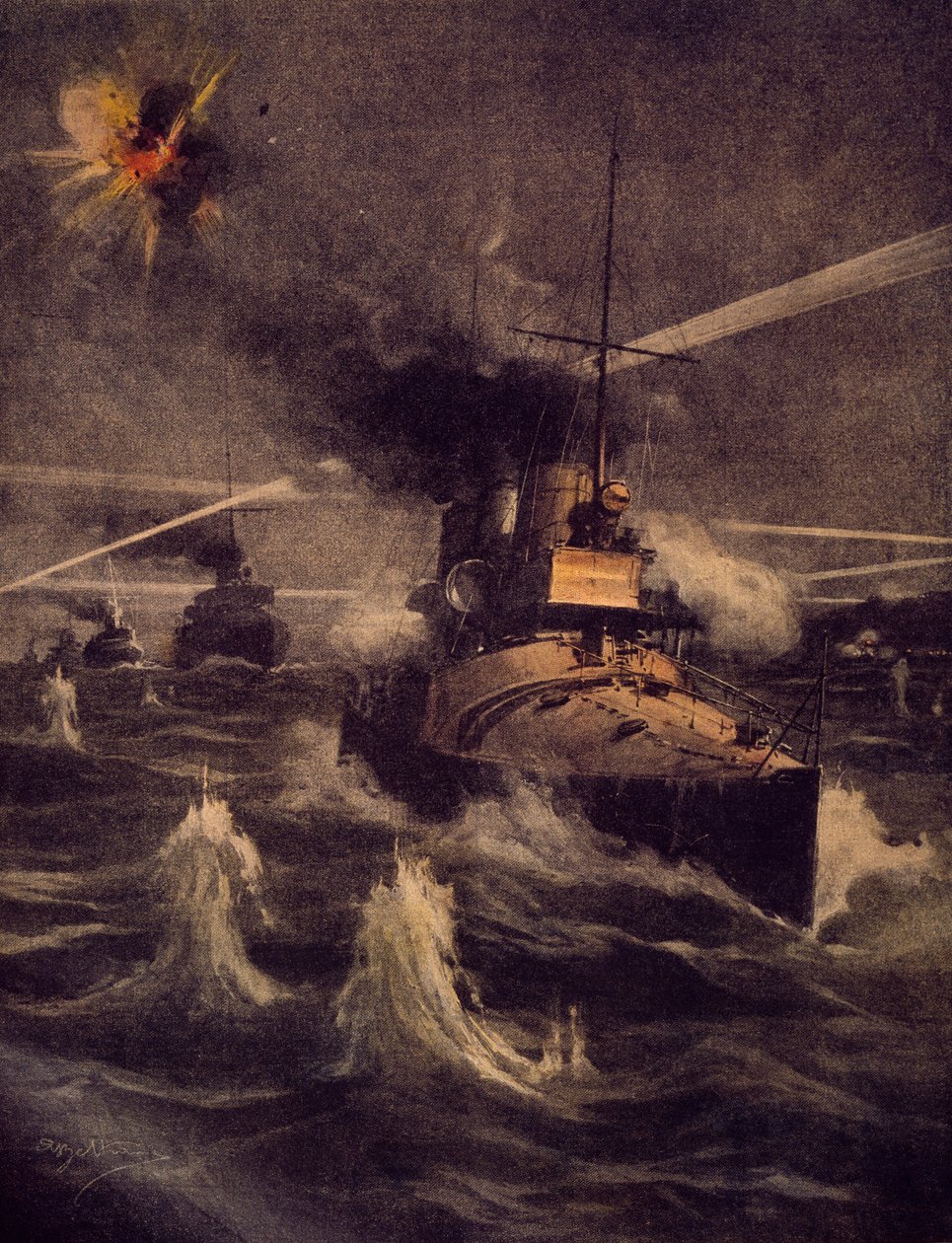 Våre torpedobåter gjør dristig inntog i Dardanellestredet under fiendtlig ild, av Achille Beltrame (1871-1945), illustrasjon fra La Domenica del Corriere av Achille Beltrame