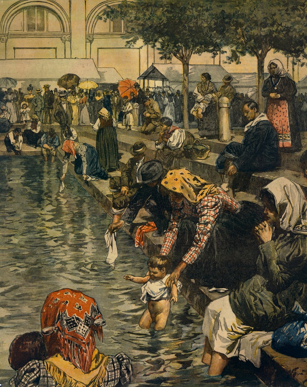 Pilgrimsreise til Caravaggio: Bading i mirakuløse farvann, av Achille Beltrame (1871-1945), fra La Domenica del Corriere av Achille Beltrame