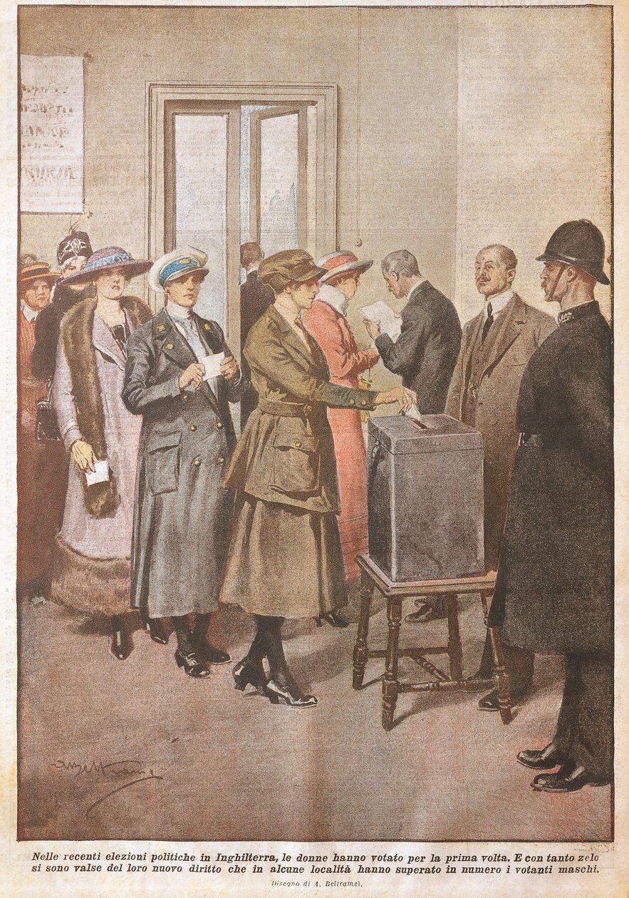 Politiske valg i England: Kvinner som stemmer for første gang, av Achille Beltrame (1871-1945), fra La Domenica del Corriere, 1900-tallet av Achille Beltrame