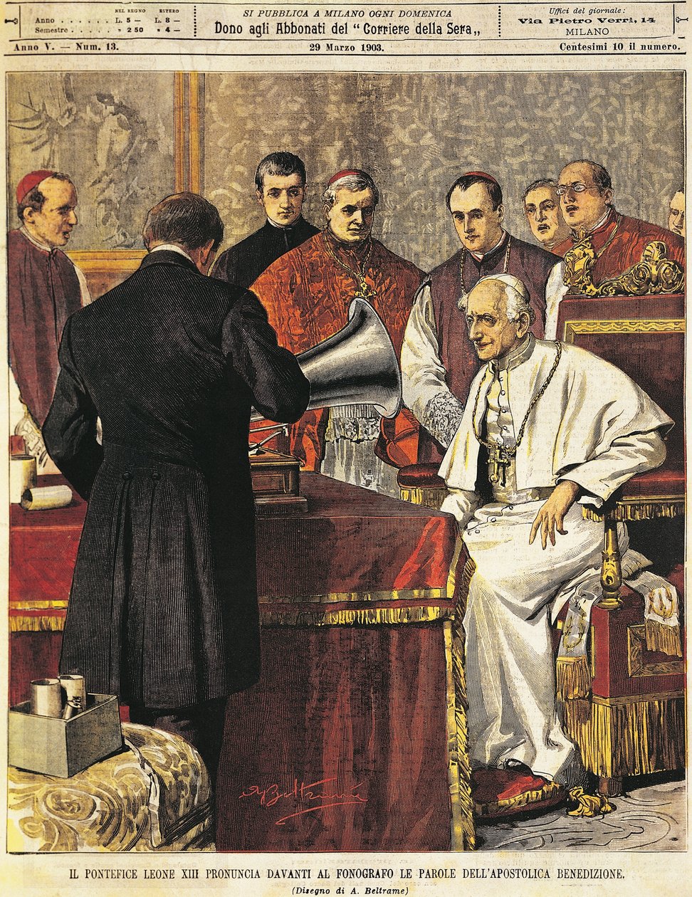 Pave Leone XIII leser Benediction into grammophone, av Achille Beltrame (1871-1945), fra La Domenica del Corriere, 29. mars 1903 av Achille Beltrame