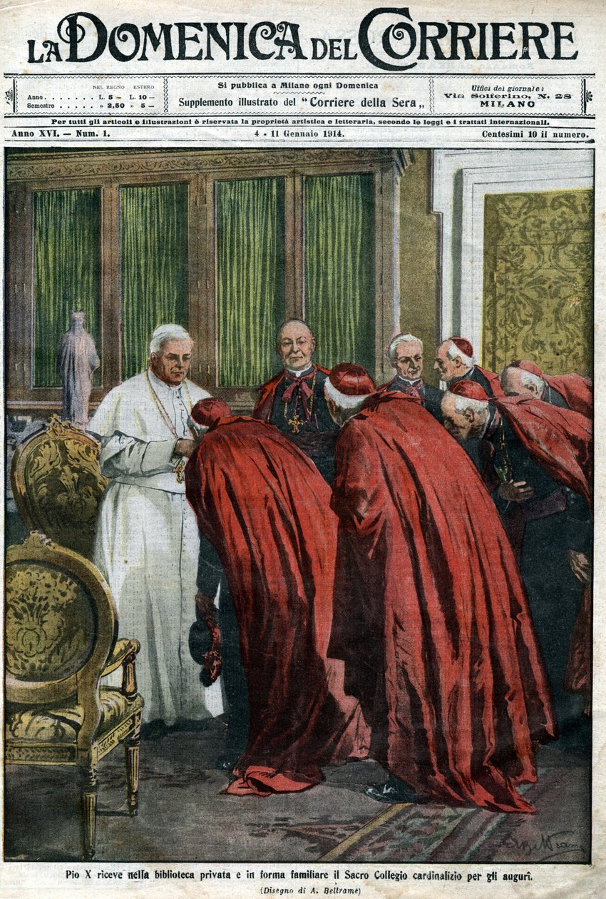 Pave Pius X tar imot kardinalene i biblioteket sitt for nyttårsønsket. Forside av Domenica del Corriere 4. januar av Achille Beltrame