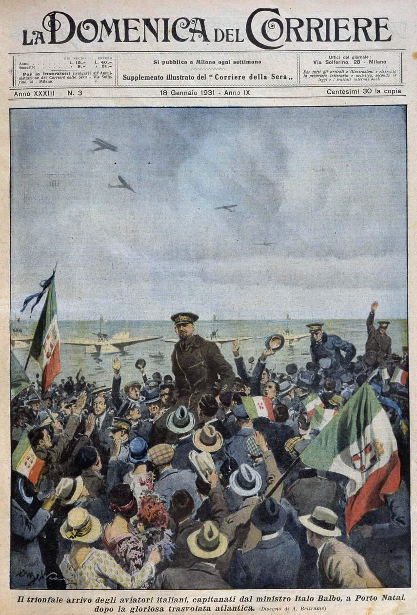 Porto Natal: den triumferende ankomsten til italienske flyvere ledet av minister Italo Balbo etter å ha krysset Atlanterhavet - dess. de A. Beltrame i "" la Domenica del Corriere"" av 25.01.1931 av Achille Beltrame