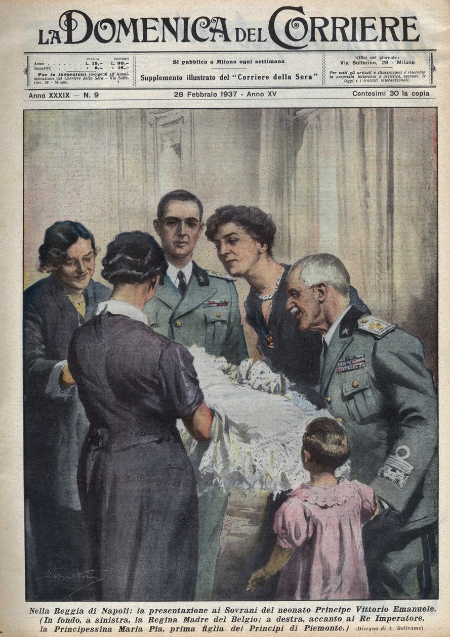 Presentasjon av prins Vittorio Emanuele, spedbarn, til suverene, til venstre dronningmoren til belgierne Elisabeth de Baviere (1876-1965), til høyre Victor-Emmanuel (Victor Emmanuel) (Vittorio Emanuele) III av Savoy, og i bakgrunnen Fathe av Achille Beltrame