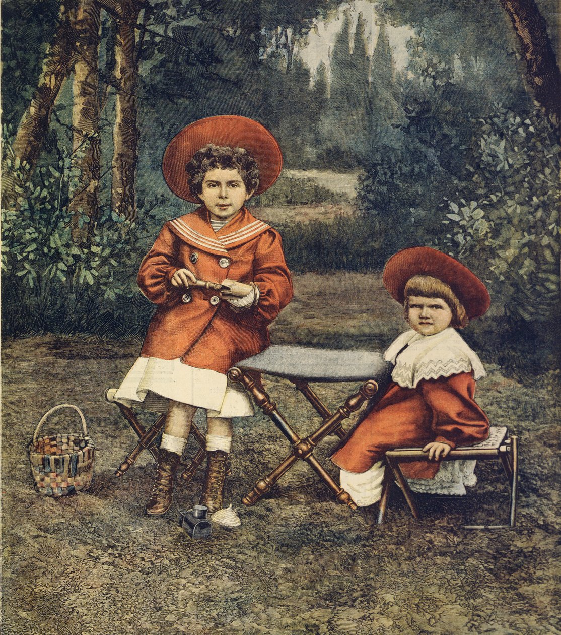 Prinsessene Jolanda og Mafalda, kongens døtre, i hager ved Quirinale, av Achille Beltrame (1871-1945), fra La Domenica del Corriere av Achille Beltrame
