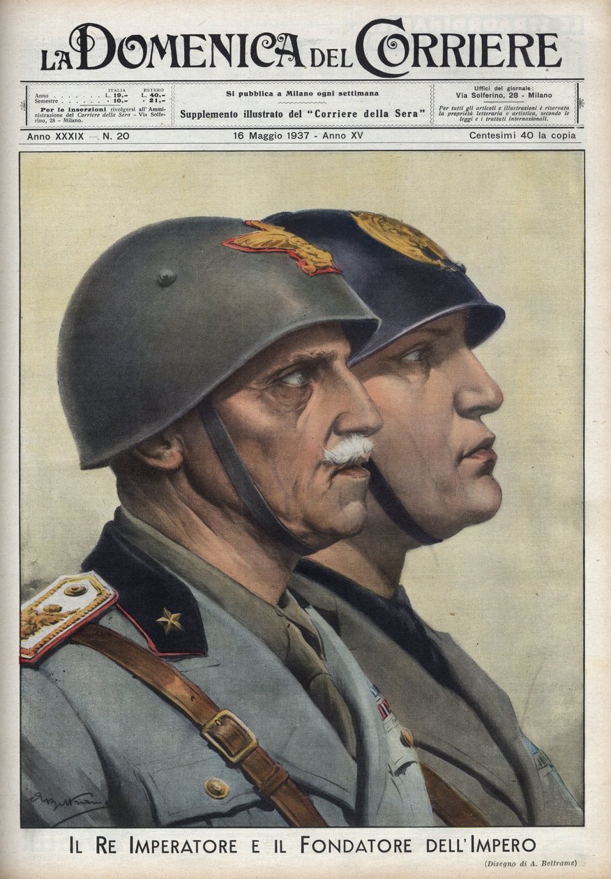 Profiler av kong Vittorio Emanuele (Victor Emmanuel) III og Duce Benito Mussolini, grunnlegger av imperiet, i veien for romerske keisere. Illustrasjon av Achille Beltrame i "La domenica del Corriere"" av 16.05.1937. av Achille Beltrame